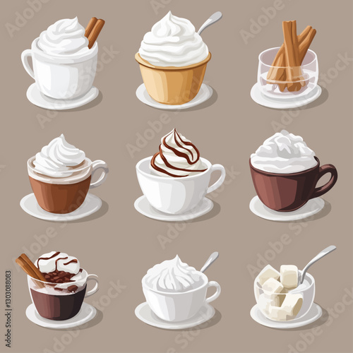 Coffee Cup Assortment with Whipped Cream and Flavorings on Neutral Background
