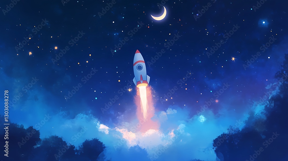Naklejka premium Night Rocket Launch: A Journey into the Cosmos