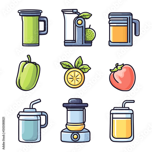 Fresh fruits and juice blender still life vector illustration.