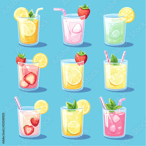 Colorful cartoon drinks art with lemonade and strawberry beverages