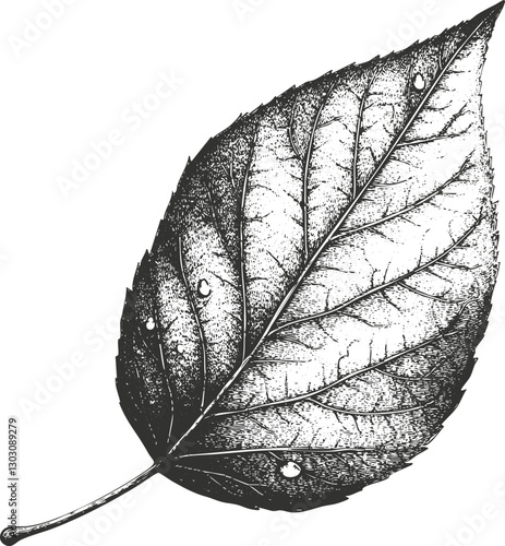 Detailed black and white illustration of a single leaf with visible veins.