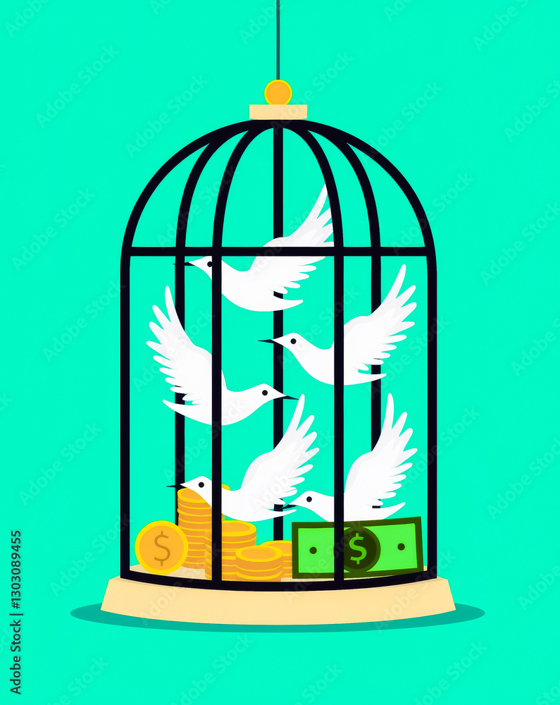 Naklejka premium five white birds are trapped inside a black birdcage with gold coins and money