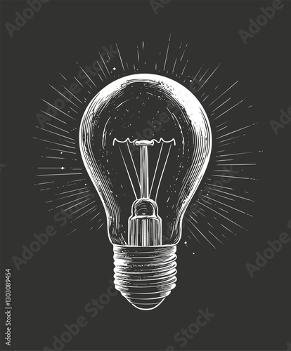 Vintage sketch of a lightbulb with detailed filament on dark background.