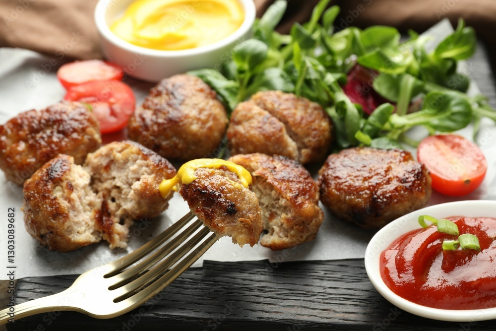 Tasty patties, tomato, arugula, mustard and ketchup on table, closeup Tasty patties, tomato, arugula, mustard and ketchup on table, closeup