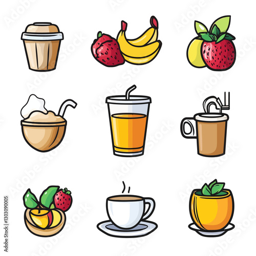 Cartoon illustration of colorful smoothie, juice, and coffee drinks
