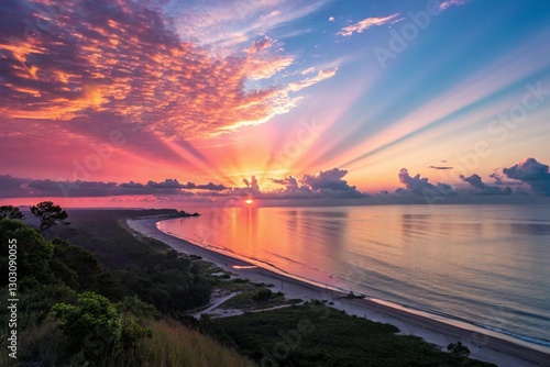 awe-inspiring sight of sun's radiant beams casting a mesmerizing palette of pink orange and gold across serene seascape at daybreak