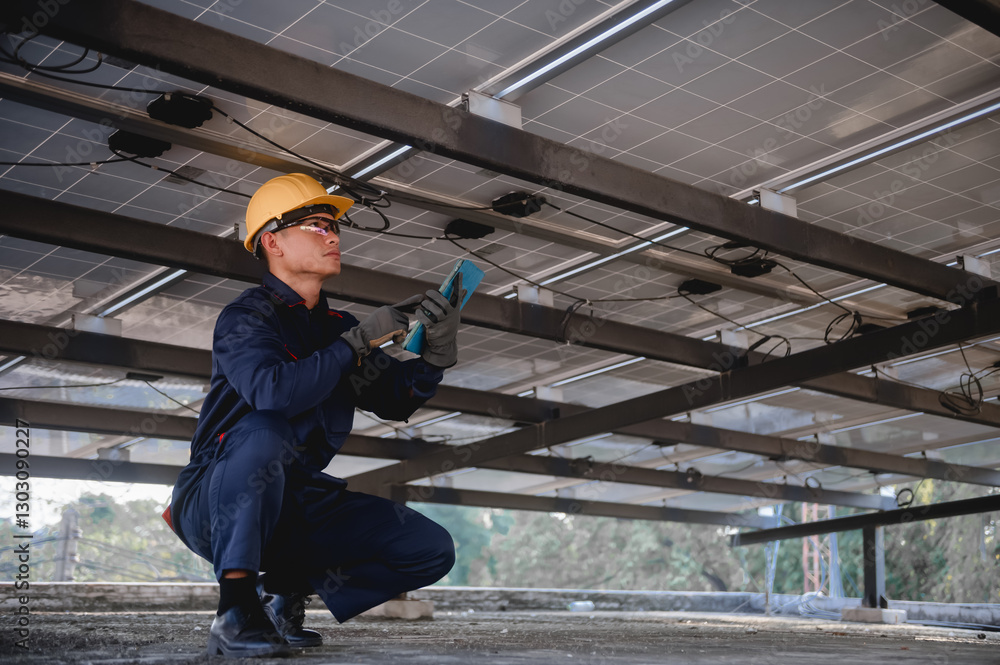 A solar panel maintenance technician is checking the wiring that is being installed to the solar panels. A solar panel maintenance technician is checking the wiring that is being installed to the solar panels.