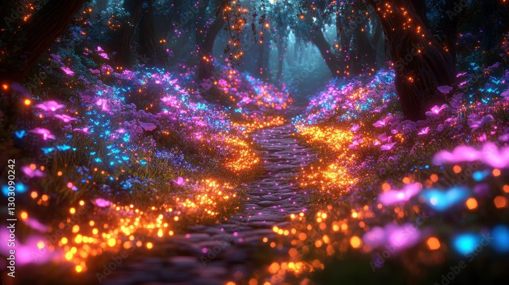Fototapeta premium Enchanted forest pathway with glowing flowers and magical lights