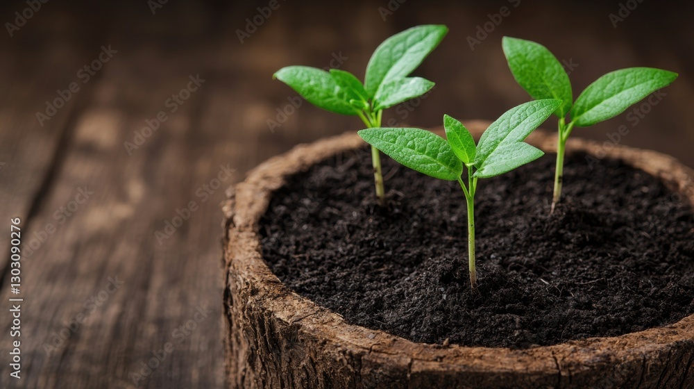Young plants growing in rustic pot with rich soil on wooden background Young plants growing in rustic pot with rich soil on wooden background
