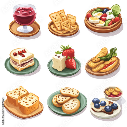 Diverse Food Assortment with Wine, Crackers, Berries, and Sweet Treats