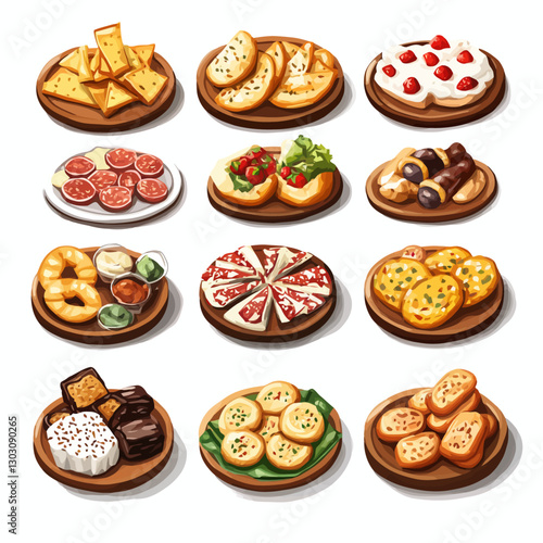 Assorted Appetizer Plates with Chips, Salami, Strawberries, and Pretzels