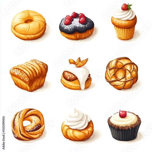Assorted Pastries Display: Donuts, Cupcakes, Sweet Buns, and Cream Puffs