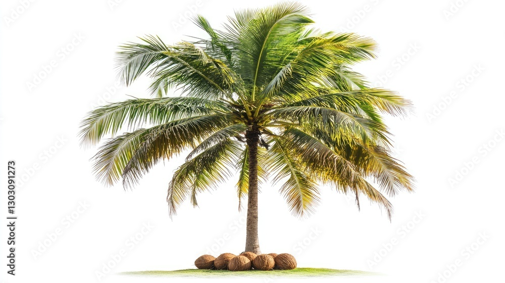 Obraz premium Lush Green Palm Tree with Coconuts on a Bright Background