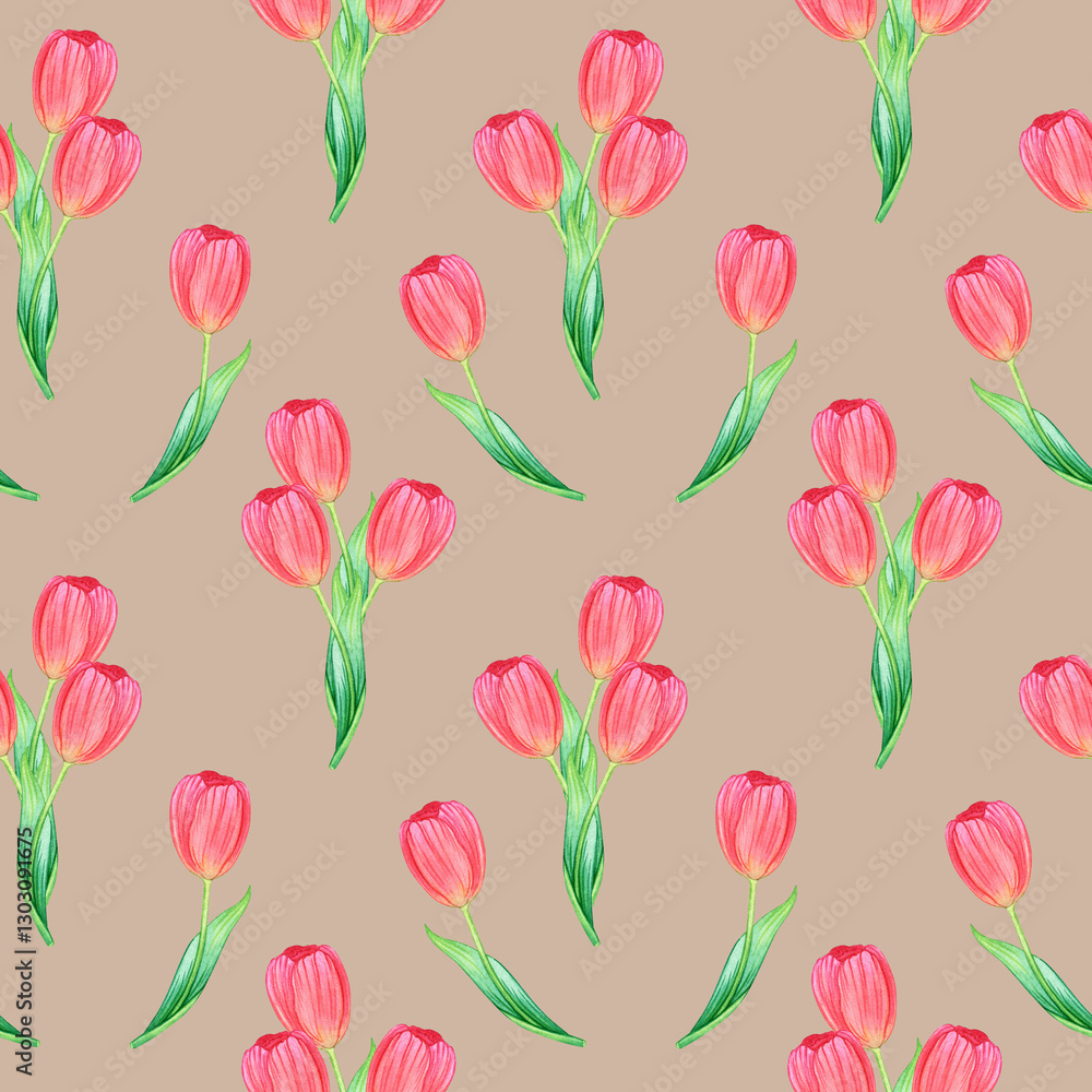 Watercolor seamless pattern: bouquet of tulips and a single flower on mocha. Element for design menu café, coffee house, bakery, flyer, wrapping, interior decor, wallpaper Watercolor seamless pattern: bouquet of tulips and a single flower on mocha. Element for design menu café, coffee house, bakery, flyer, wrapping, interior decor, wallpaper