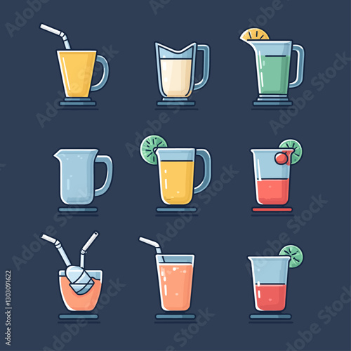 Assorted Drinks in Colorful Glasses with Straws and Fruit Slices Set