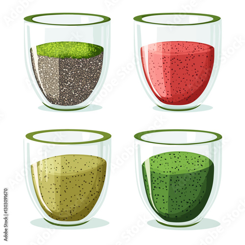 Colorful smoothie glasses, chia seed puddings, vector illustration design