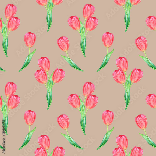 Wallpaper Mural Watercolor seamless pattern: bouquet of tulips and a single flower on mocha. Element for design menu café, coffee house, bakery, flyer, wrapping, interior decor, wallpaper Torontodigital.ca