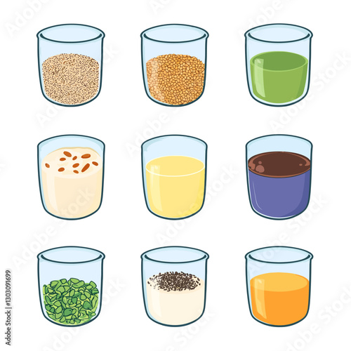 Assorted beverages, smoothies, and ingredients in glass jars illustration