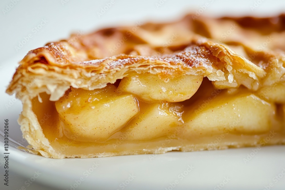 close-up shot of an apple pie slice, with the flaky crust and golden apples visible inside, set against a white background for contrast close-up shot of an apple pie slice, with the flaky crust and golden apples visible inside, set against a white background for contrast