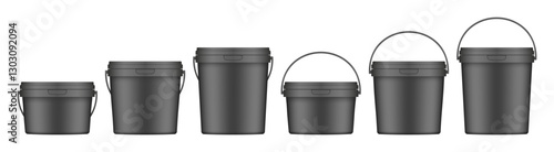 Black plastic buckets with handle and lid. Vector mockup of a food or building mixtures packaging. A bucket of paint or putty. Small, medium and large sizes
