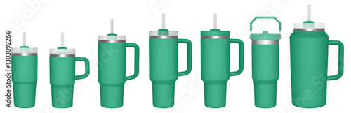 Thermo cup with handle and straw. 14, 30, 40, 64 oz. Travel thermos. Set of green mugs. Tumbler or quencher