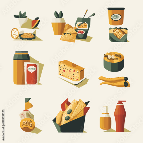 Assorted gourmet snacks and pantry essentials food illustration art
