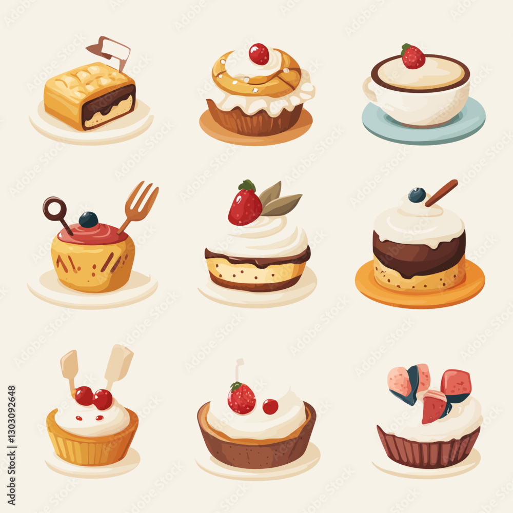 Assorted Cute Cartoon Cupcakes and Desserts on Plates with Toppings Design Assorted Cute Cartoon Cupcakes and Desserts on Plates with Toppings Design