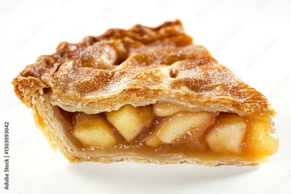 close-up shot of an apple pie slice, with the flaky crust and golden apples visible inside, set against a white background for contrast close-up shot of an apple pie slice, with the flaky crust and golden apples visible inside, set against a white background for contrast