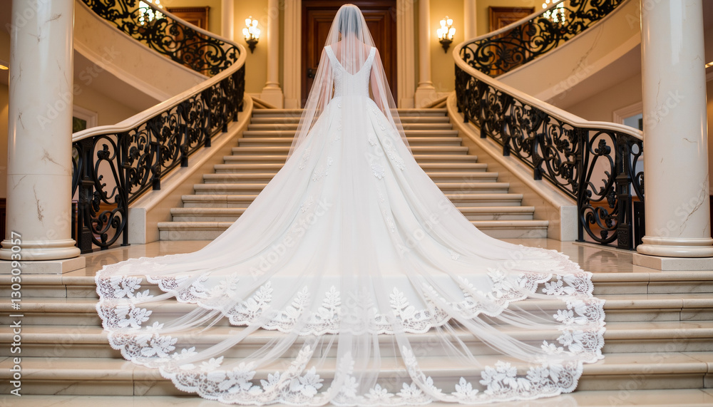 Bride in elegant wedding dress with long train and veil at grand staircase for luxurious setting Bride in elegant wedding dress with long train and veil at grand staircase for luxurious setting