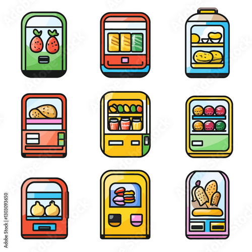 Colorful Food Vending Machines Illustration Offering Snacks and Produce