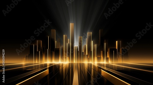 Golden City Skyline: A futuristic cityscape glows with radiant gold hues and dynamic lighting, signifying progress and modernity, set against a deep black background.