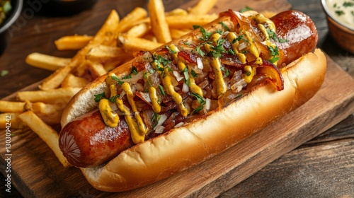 Wallpaper Mural A gourmet smoked sausage hot dog topped with caramelized onions, mustard, and fresh herbs, served with crispy fries. Torontodigital.ca