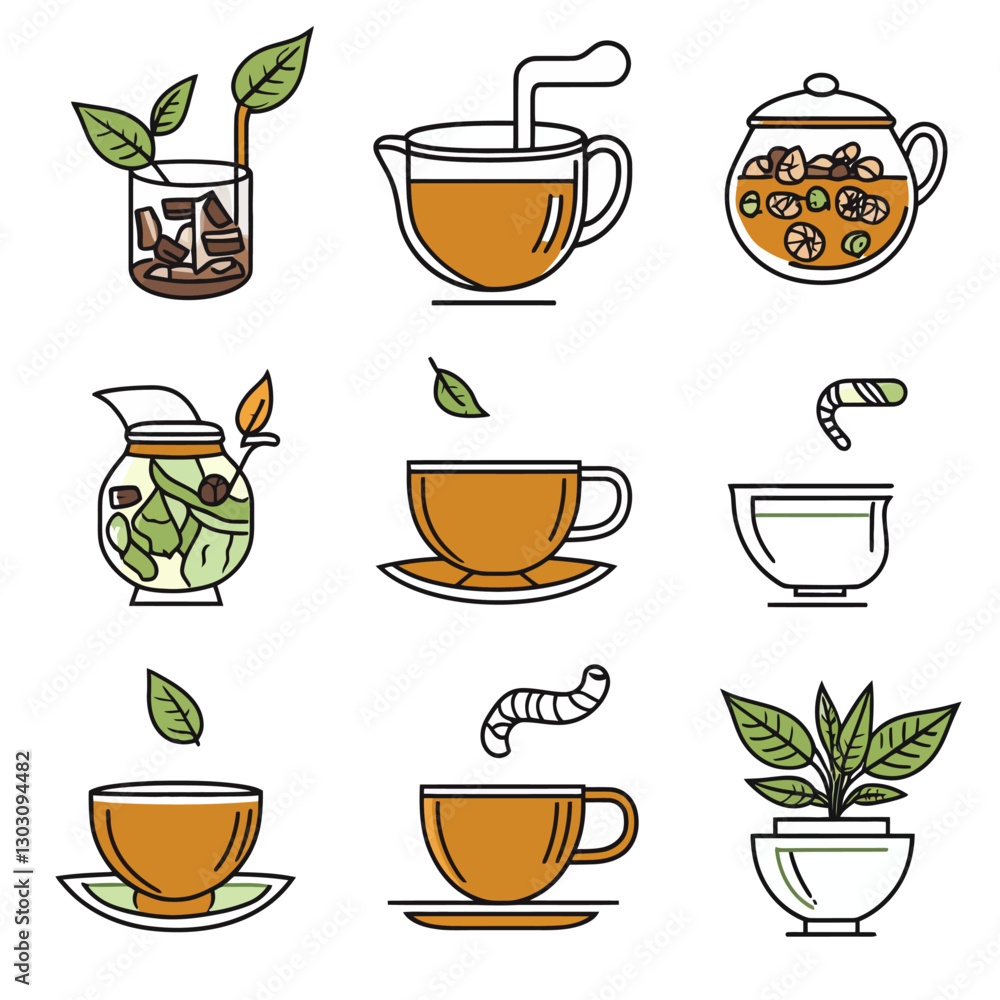 Tea and Infusion Line Art Set: Herbal Drinks, Fresh Herbs, and Tea Brewing Tea and Infusion Line Art Set: Herbal Drinks, Fresh Herbs, and Tea Brewing