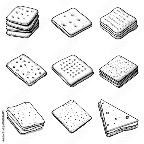 Hand-Drawn Assortment of Crackers and Cracker Sandwiches in Black and White