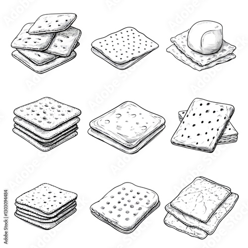 Hand-drawn monochrome set of crackers and cheese block for illustrations