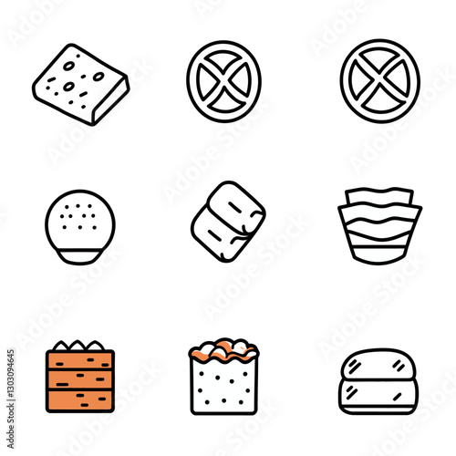 Sushi Icons: Diverse nigiri, rolls, temaki, and onigiri line art icons