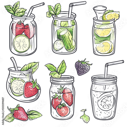 Refreshing mason jar drinks with strawberry, lemon, lime, and cucumber