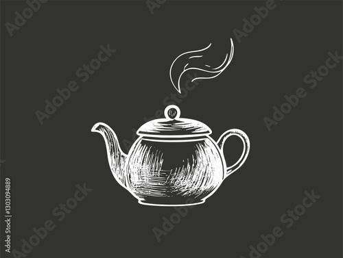 Vintage teapot illustration with steam on a black background.