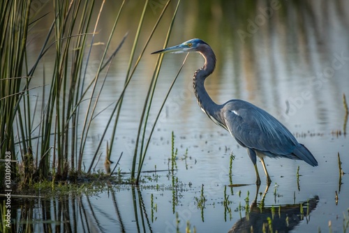 Behold resplendent grace of azure heron, poised amidst verdant marsh, its elongated limbs mirroring slender reeds and tranquil waters, while exuding an aura of serene contemplation that permeates this