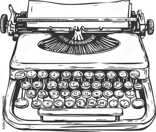 Vintage typewriter illustration with paper, showcasing classic mechanical design.