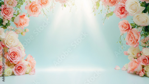 beautiful studio backdrop featuring pink and white roses, creating serene and romantic atmosphere with soft lighting. Perfect for photography and events
