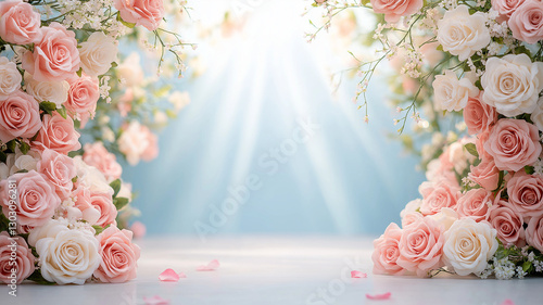 serene floral backdrop featuring pink and white roses, illuminated by soft rays of light, creating romantic atmosphere perfect for events or photography