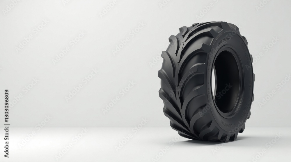 A single robust black tire with a pronounced tread pattern rests on a minimalist white background, showcasing its durable construction and off-road capabilities. A single robust black tire with a pronounced tread pattern rests on a minimalist white background, showcasing its durable construction and off-road capabilities.