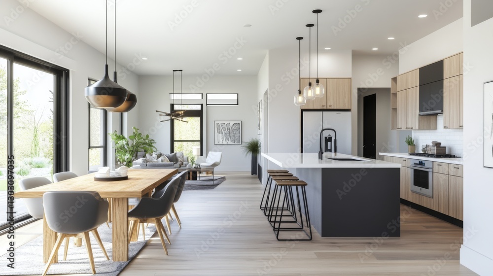 A modern open-concept kitchen connected to a stylish dining area, featuring a sleek island and bar stools. A modern open-concept kitchen connected to a stylish dining area, featuring a sleek island and bar stools.
