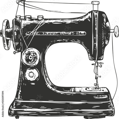 Vintage sewing machine illustration with intricate details on a white background.