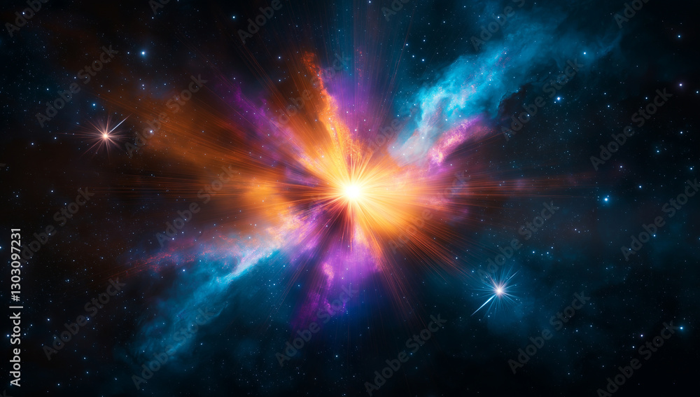 Fototapeta premium cosmic explosion of light and energy fills universe with vibrant colors, showcasing stunning display of celestial phenomena. scene evokes sense of wonder and awe
