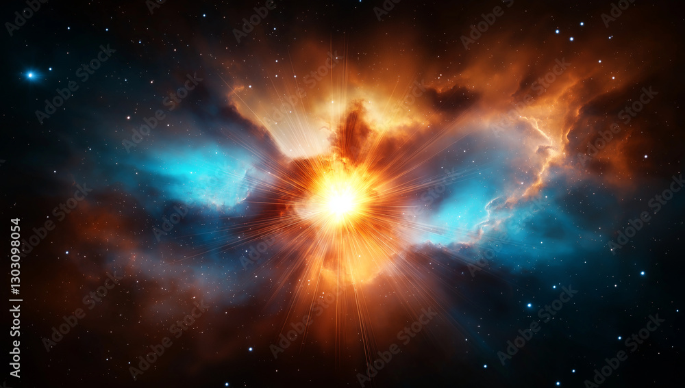 Fototapeta premium massive stellar explosion in deep space, showcasing vibrant colors and cosmic energy. scene captures beauty and power of universe, with radiant bursts and swirling clouds