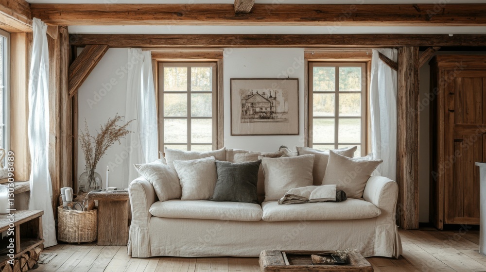 A rustic farmhouse-style living room featuring a cozy linen sofa, wooden beams, and vintage-inspired decor. A rustic farmhouse-style living room featuring a cozy linen sofa, wooden beams, and vintage-inspired decor.