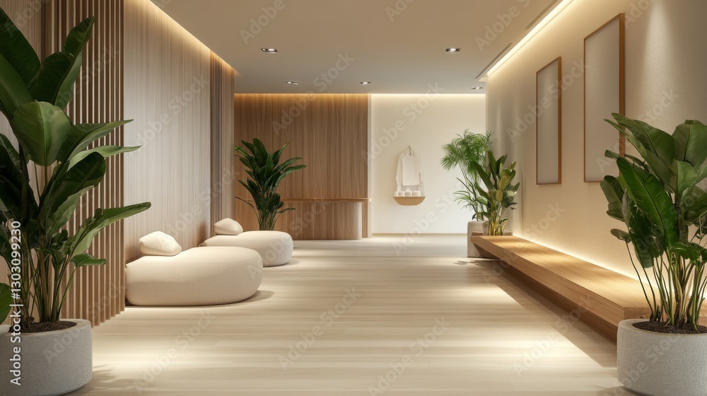 Fototapeta premium A serene wellness center hall with calming neutral tones, indoor plants, and soft ambient lighting, creating a peaceful and relaxing environment.