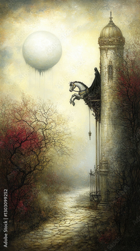 Fototapeta premium A mystical landscape featuring a tower and a horse, evoking mystery.